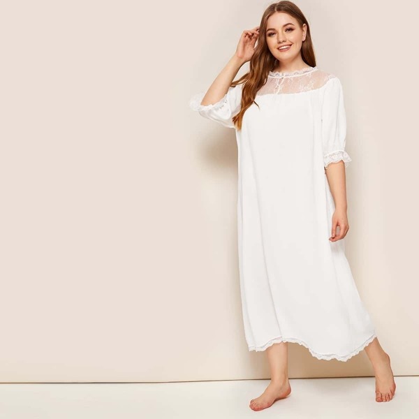 

Plus Lace Trim Button Front Nightdress, White