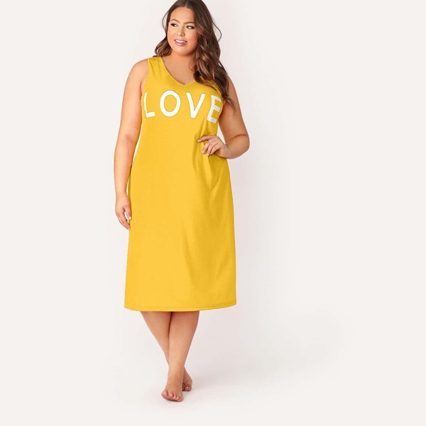 

Plus V-neck Letter Tank Nightdress, Yellow bright