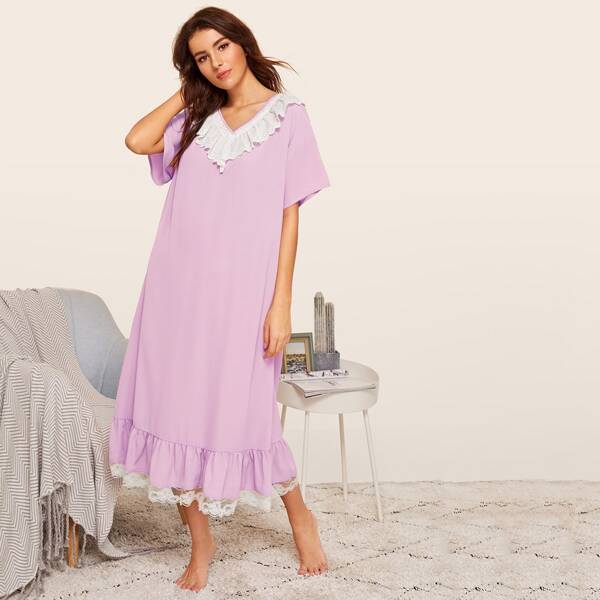 

Schiffy Detail Neck Flounce Hem Nightdress