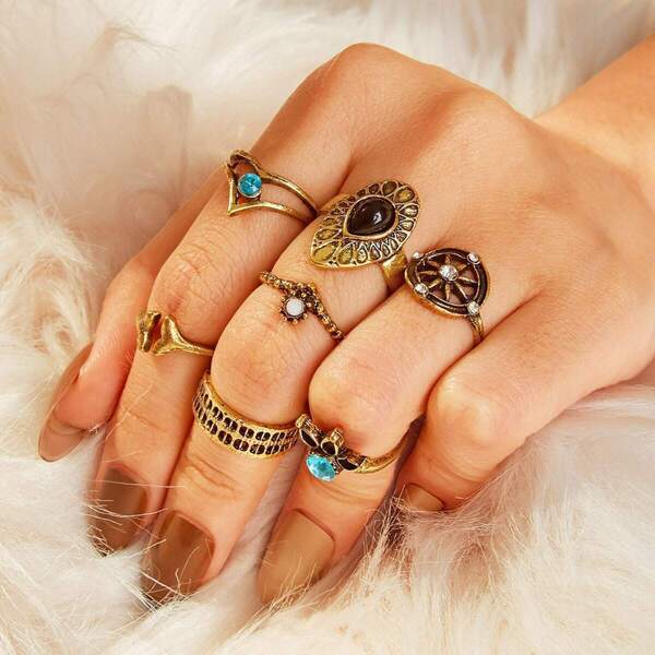

Rhinestone Detail Rings 7pcs