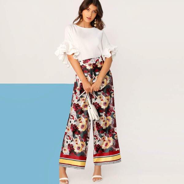 

Floral and Striped Wide Waistband Palazzo Pants