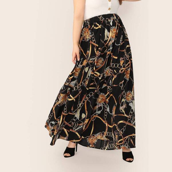 

Plus High Waist Chain Print Skirt, Black