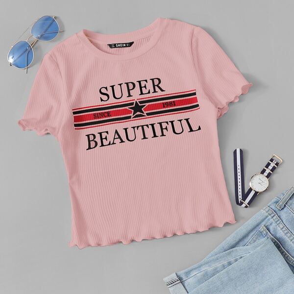 

Letter and Striped Lettuce Edge Rib-knit Tee