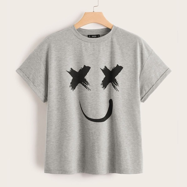 

Plus Smile Print Cuffed Sleeve Top