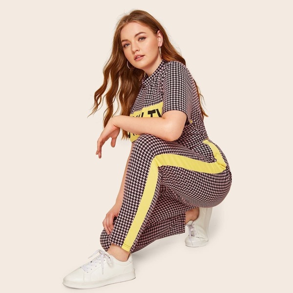 

Plus Letter Print Houndstooth Tee & Striped Side Pants Set