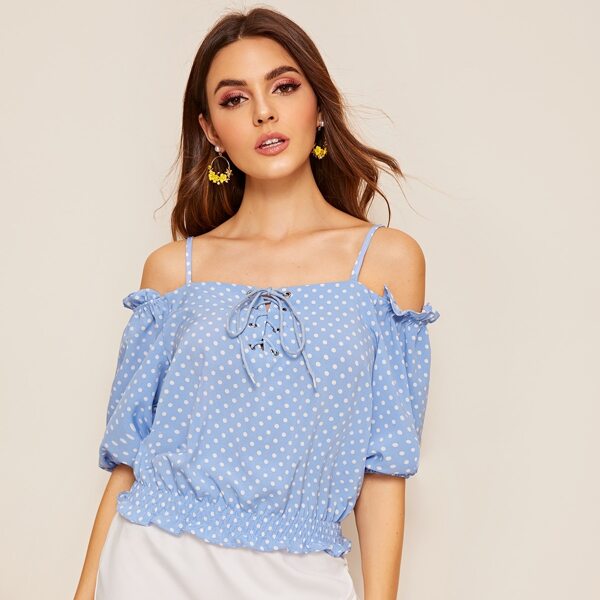 

Polka-dot Print Lace Up Tight Hem Top