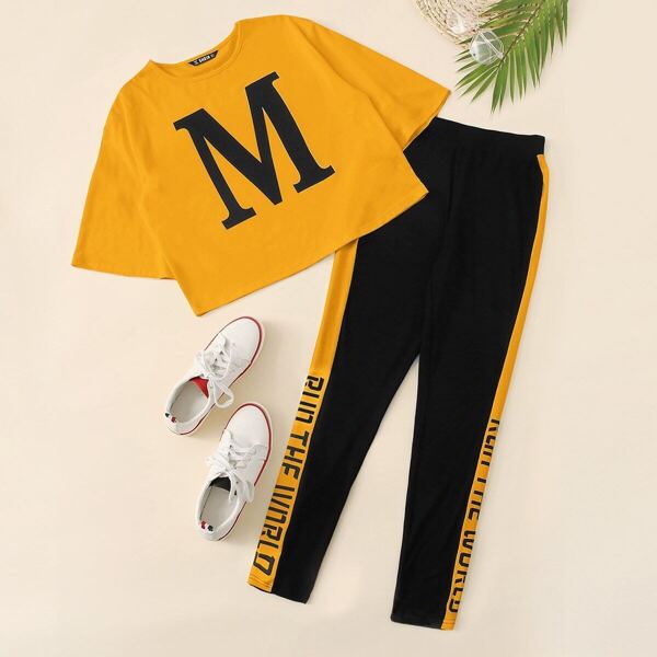 

Letter Graphic Top and Leggings Set, Multicolor