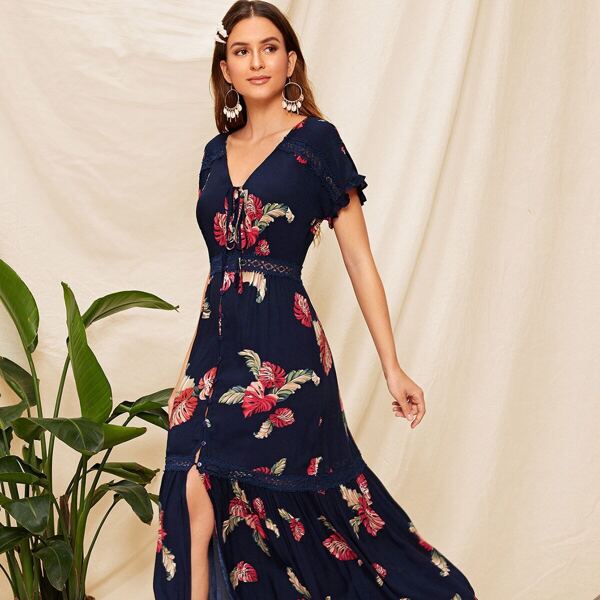 

Lace Insert Ruffle Hem Floral Maxi Shirt Dress