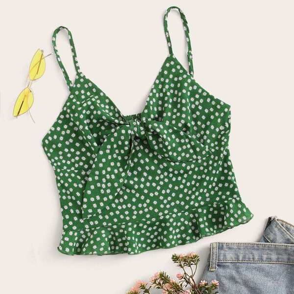 

Tie Front Ditsy Floral Ruffle Hem Crop Cami Top, Green