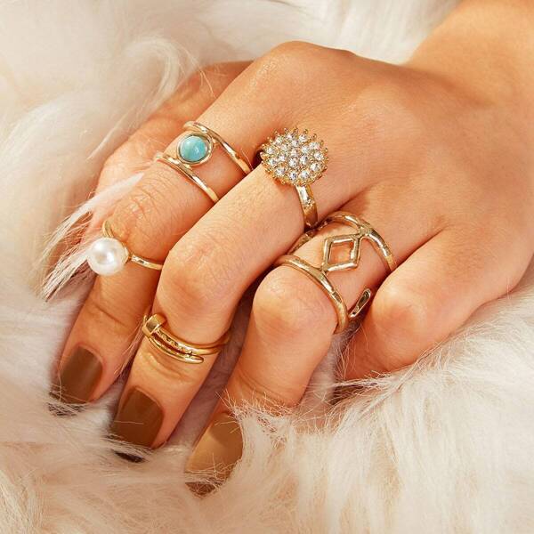 

Rhinestone & Pearl Decor Hollow Ring 5pcs