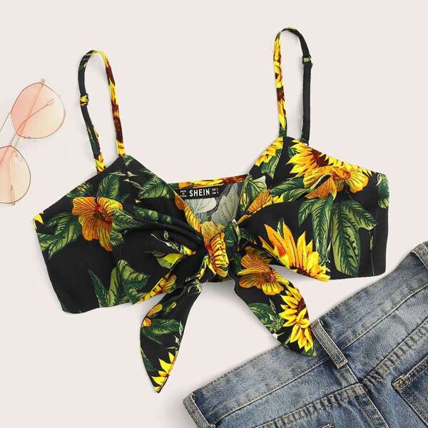 

Floral Print Knot Front Crop Cami Top