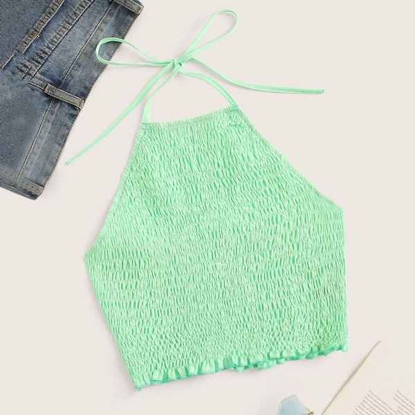 

Tie Back Shirred Halter Top, Green pastel