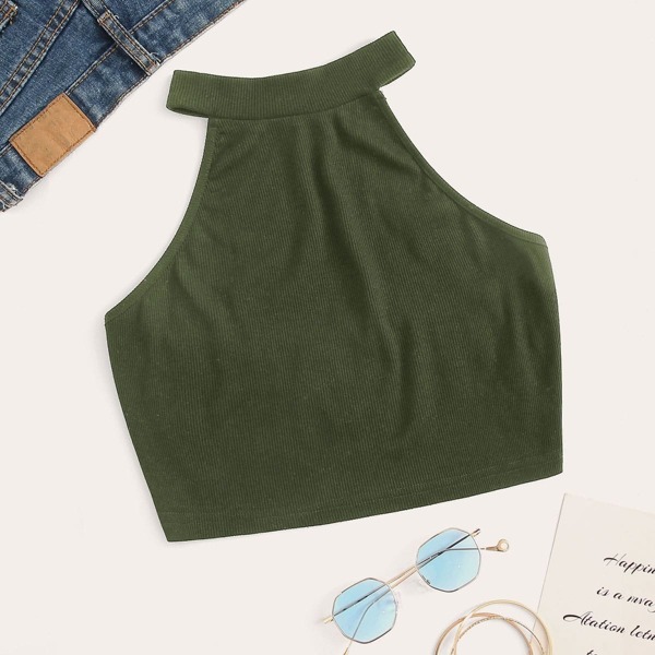 

Solid Rib-knit Crop Halter Top, Army green