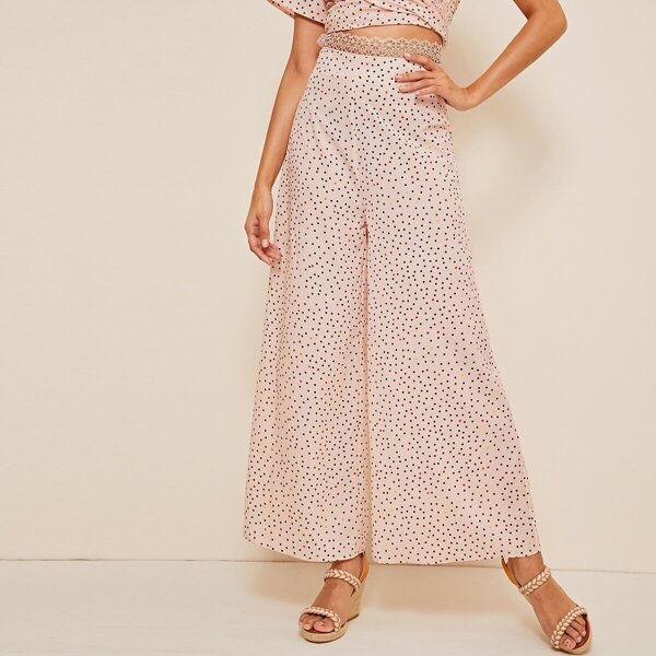 

Polka-dot Lace Waist Culotte Pants