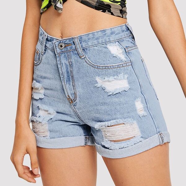 

Stitch Detail Ripped Cuffed Hem Denim Shorts