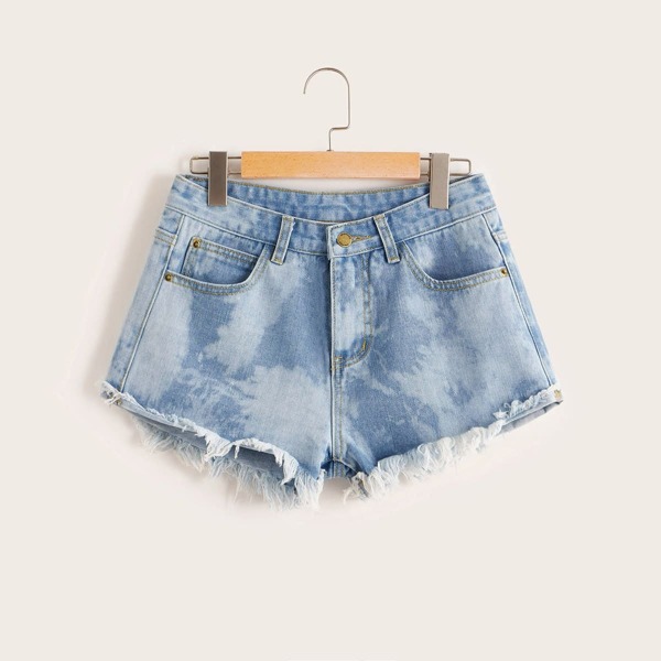 

Bleach Wash Raw Hem Zipper Denim Shorts