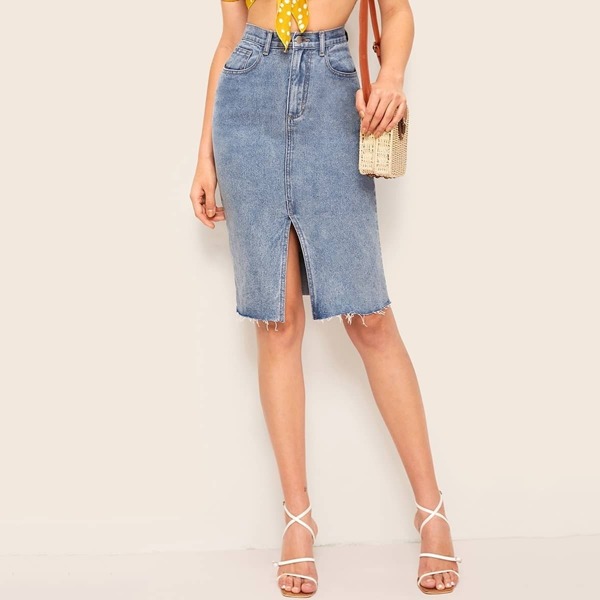 

Bleach Wash Slit Hem Bodycon Denim Skirt