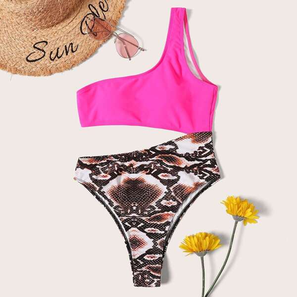 

Random Snake Print One Shoulder Cut-out One Piece Swimsuit, Multicolor