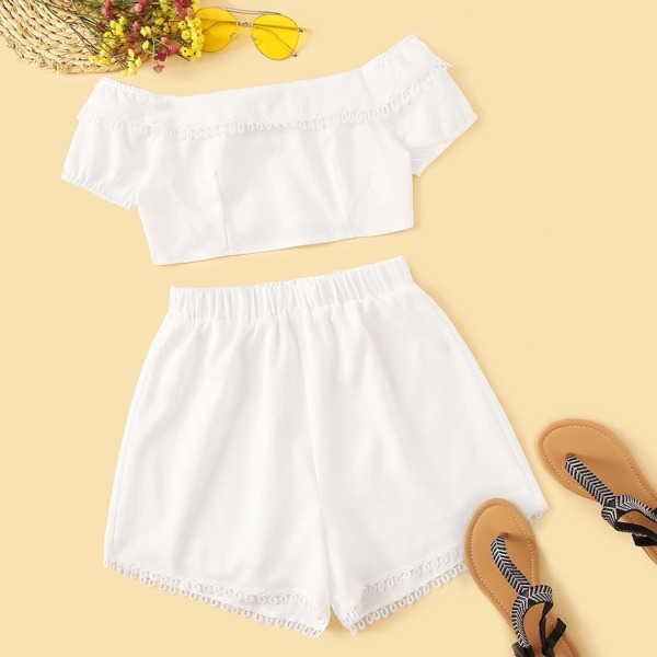 

Lace Trim Bardot Crop Top & Shorts Set, White