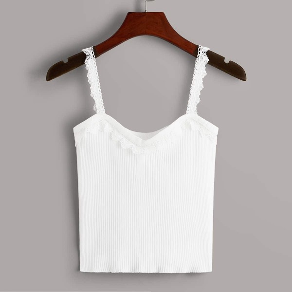 

Lace Trim Rib-knit Form Fitting Top