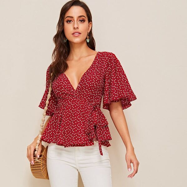 

Heart Print Bell Sleeve Surplice Wrap Peplum Top, Burgundy