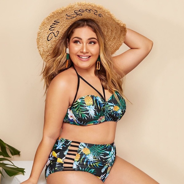 

Plus Tropical Harness Top With Ladder Cut-out Bikini