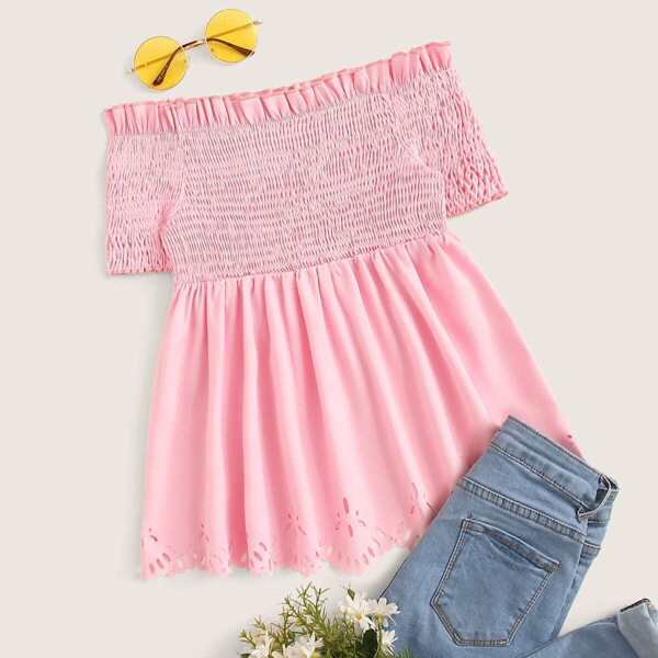 

Shirred Ruffle Trim Blouse