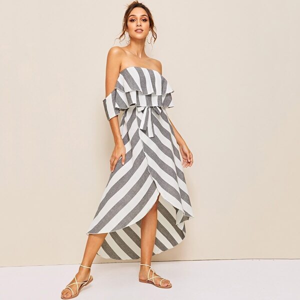 

Striped Ruffle Trim Tulip Hem Dress, Multicolor