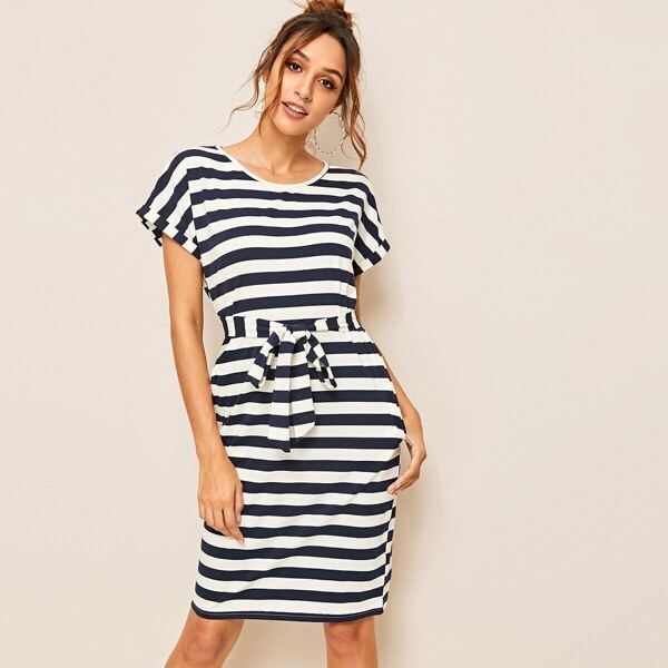 

Striped Belted Dress, Black and white