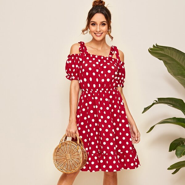 

Polka Dot Print Ruffle Trim Dress