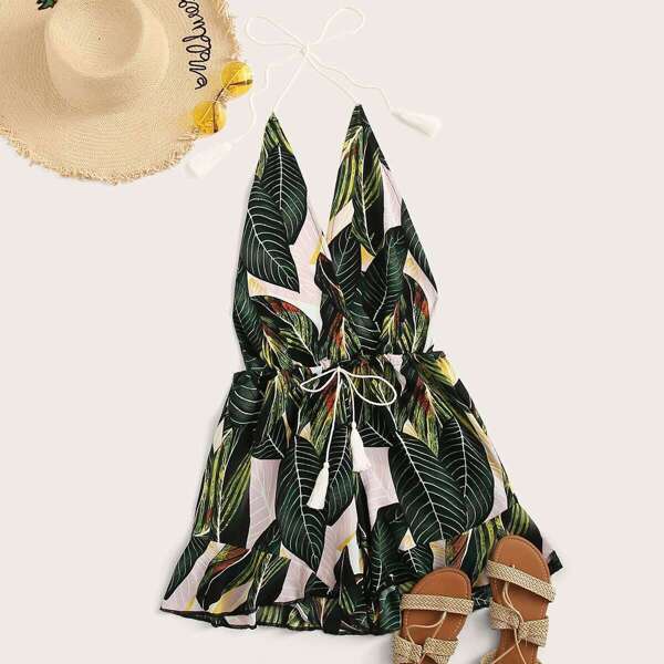 

Plants Print Drawstring Waist Halter Romper, Multicolor