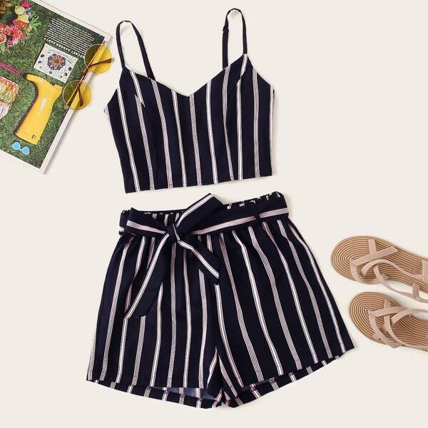 

Striped Shirred Back Cami Top With Belted Shorts