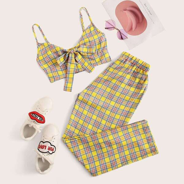 

Plaid Print Tie Front Shirred Cami Top With Pants