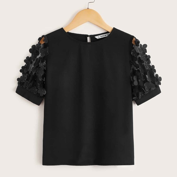 

Girls Flower Applique Mesh Sleeve Top, Black
