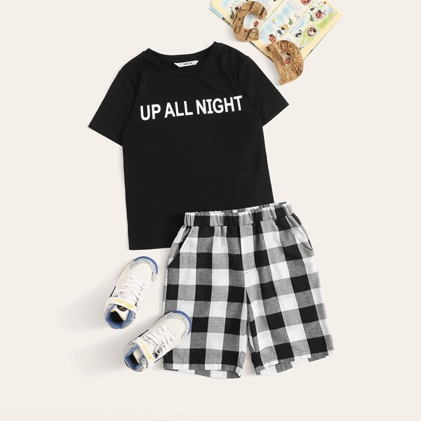 

Boys Slogan Print Tee & Checked Shorts Set, Black and white