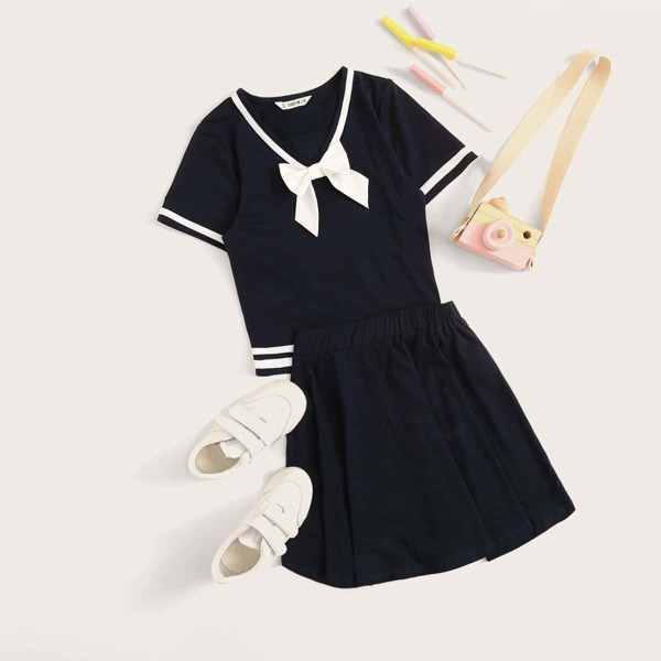 

Girls Bow Front Striped Top & Skirt Set