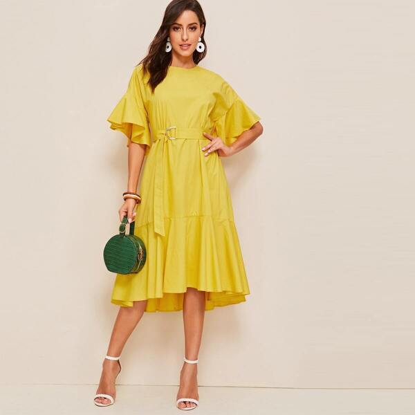

Bell Sleeve Flounce Hem Belted Dress, Yellow