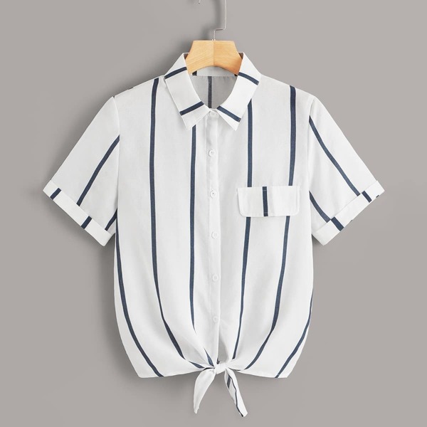 

Striped Knot Hem Rolled Cuff Blouse