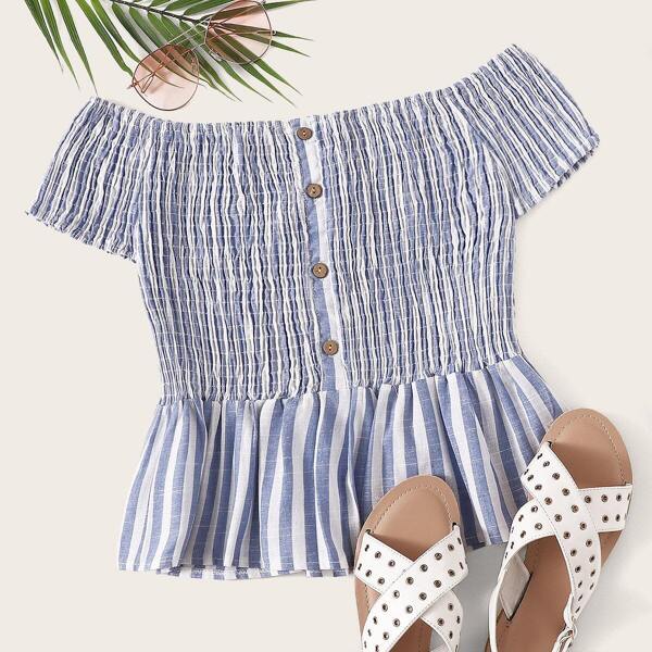 

Striped Shirred Button Front Off Shoulder Blouse