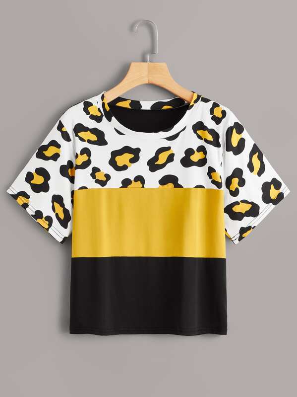 

Cut And Sew Leopard Panel Tee, Multicolor