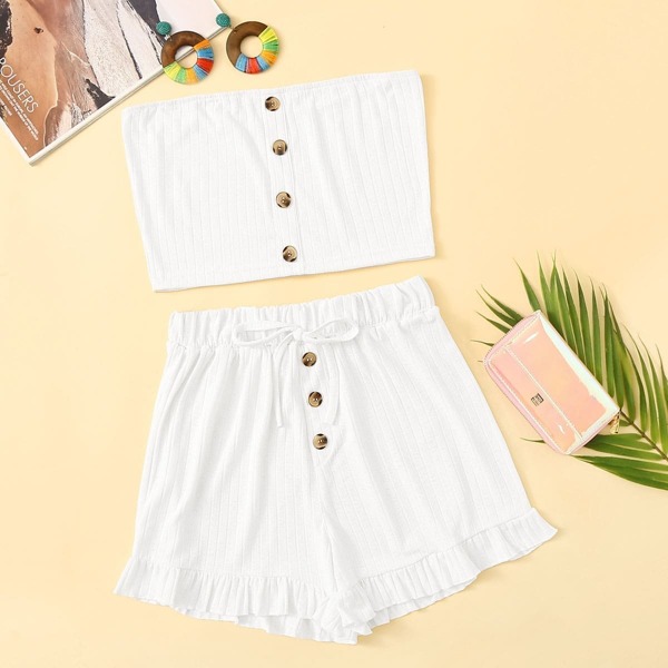 

Button Front Tube Top With Drawstring Waist Shorts