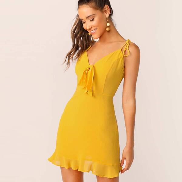 

Tie Neck and Shoulder Ruffle Hem Dress, Yellow bright