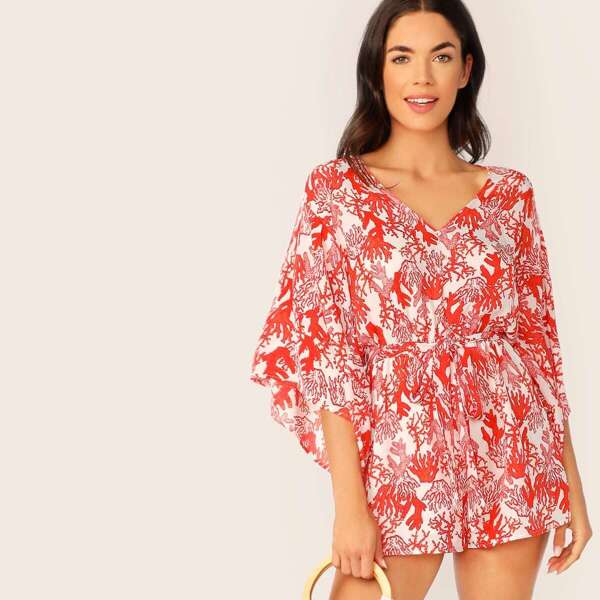 

Plants Print Exaggerate Bell Sleeve Self Belted Romper
