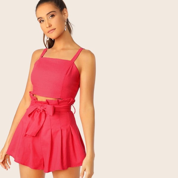 

Zip Back Top and Paperbag Waist Pleated Shorts Set, Pink bright