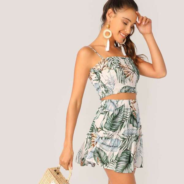 

Tropical Shirred Cami Top and Flippy Skirt Set, Multicolor
