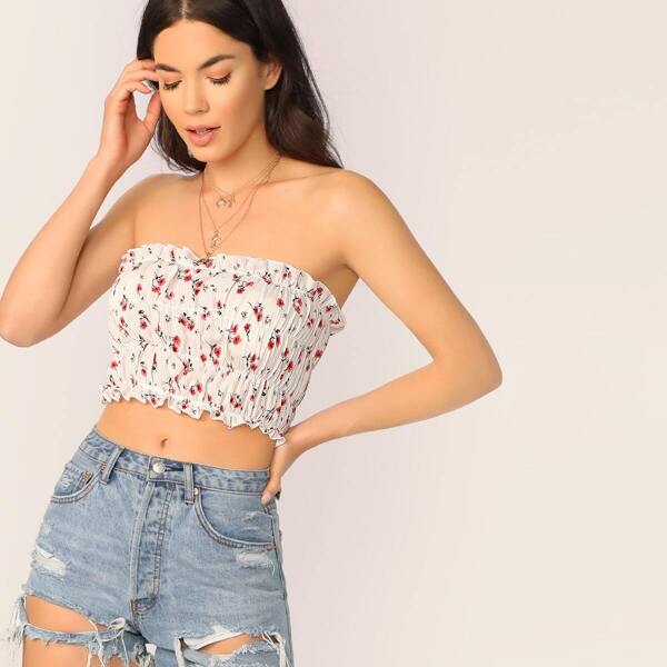 

Ditsy Floral Print Frill Trim Smocked Bandeau
