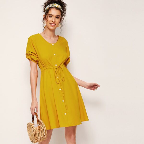 

Solid Button Through Drawstring Waist Dress