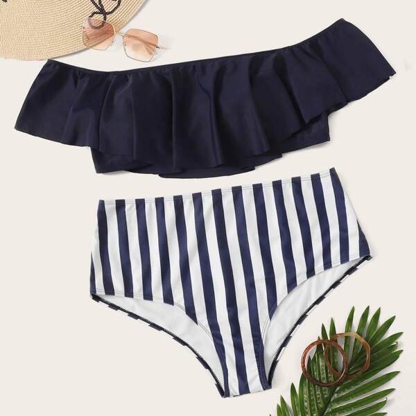

Plus Flounce Bardot Top With High Waist Bikini, Navy