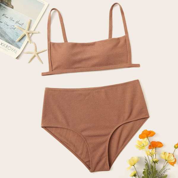 

Plus Spaghetti Strap Top With High Waist Bikini, Brown