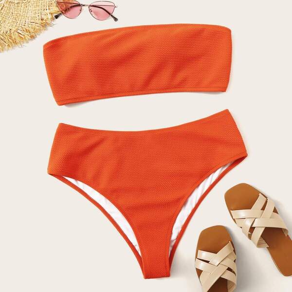 

Plus Bandeau Top With Textured Bikini Set, Orange